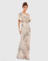 Beige Bell Sleeve Floral Embellished Gown